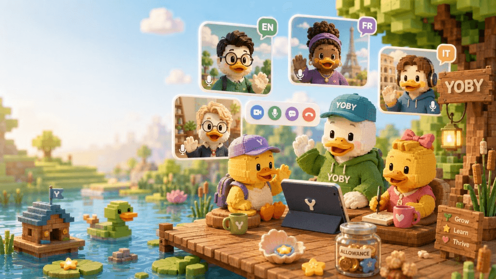 YOBY video call with ducks in English, French and Italian